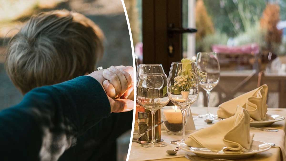 Un enfant écrit un message sur l’addition au restaurant alors que son père est aux toilettes