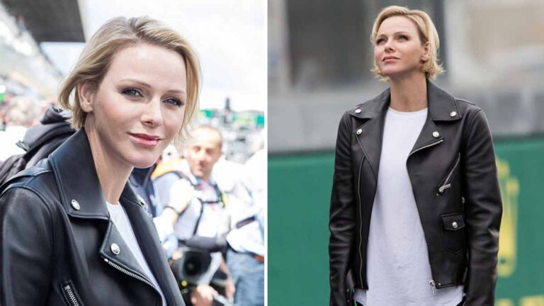 Charlene de Monaco porte une veste en cuir et robe longue, elle fait la bise au prince Albert de Monaco en pleine distinction